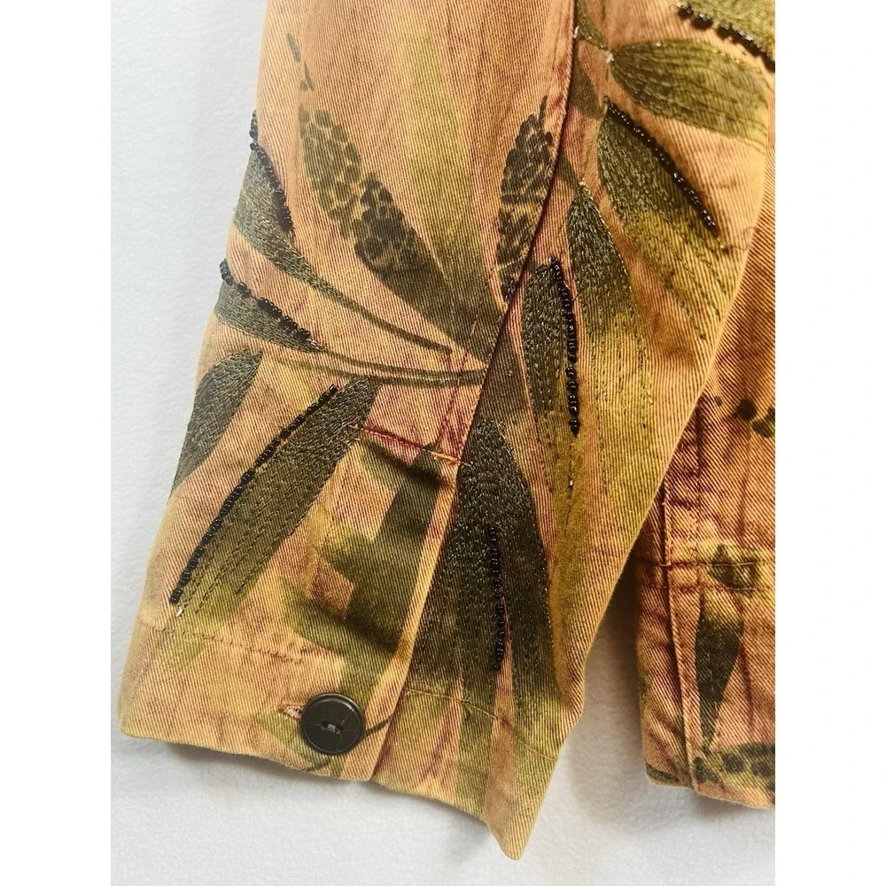 Chico's Design Womens Size 1/M Beaded Tropical Leaf Print Button Front Blazer
